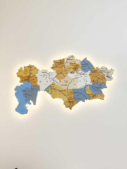 3Д карта Казахстана из дерева с подсветкой