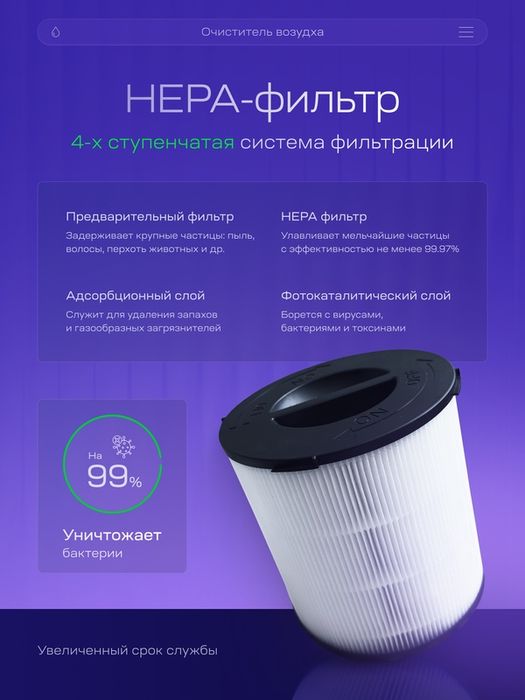 Очиститель воздуха, 3 скорости, традиционный, HyperHEPA, белый