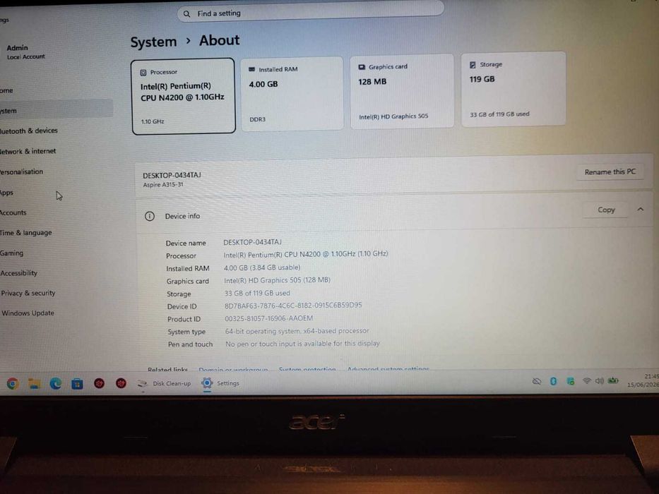 Acer Aspire A315-31-P49T 15.6" CPU Intel Pentium N4200 2.5GHz 4Gb DDR3 SSD 128Gb M2.Sata