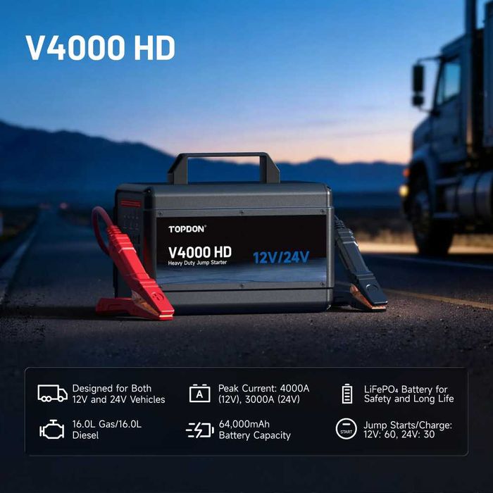 Jump Starter 12/24V за тежкотоварни TOPDON V4000 HD