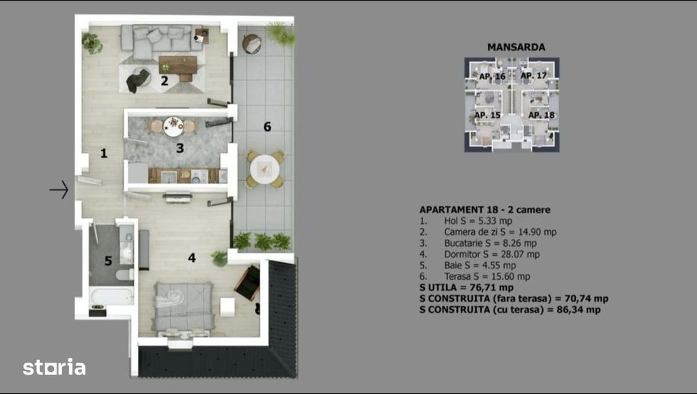 Apartament 2 camere | Decomadat | Terasa 16mp | Bucatarie separata |