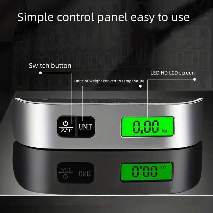 Cantar bagaje de mana piata pescuit afisaj LCD iluminat verde 1g-50kg. Functie tara dimensiune 12.5 x 2.8 x 2.8 cm dimensiune curea 22.4 cm Pret 20lei