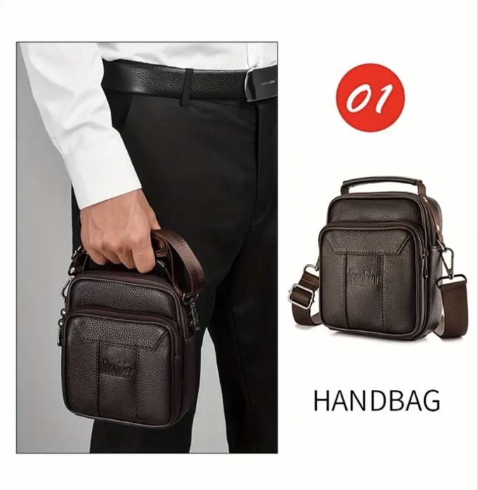 Мъжка черна кожена чантичка с дръжка/Премиум естест. кожа -10%Промоция