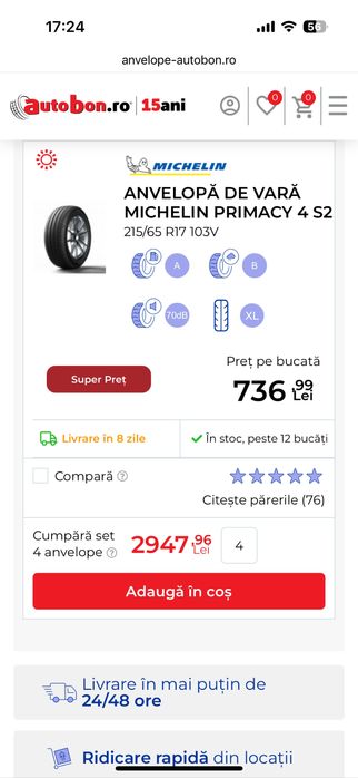 Anvelope vara MICHELIN PRIMACY 4 S2 215/65R17 103V DOT 2025 ‼️