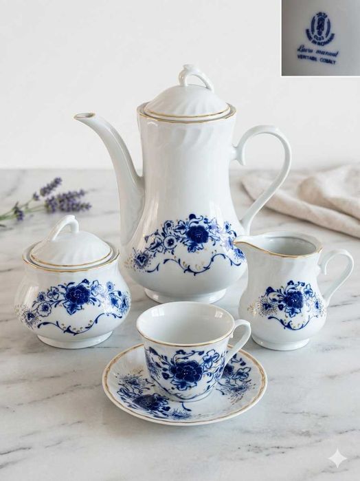 Set complet cesti porțelan IRIS Cluj – Cobalt Veritabil & Aur – 23 Piese