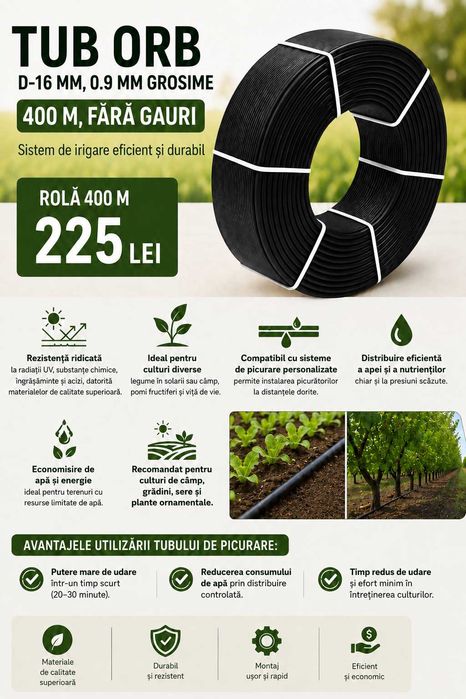 Tub orb D16 mm, 0.9 mm grosime, rolă 400 m, irigații prin picurare / tub fara picuratori