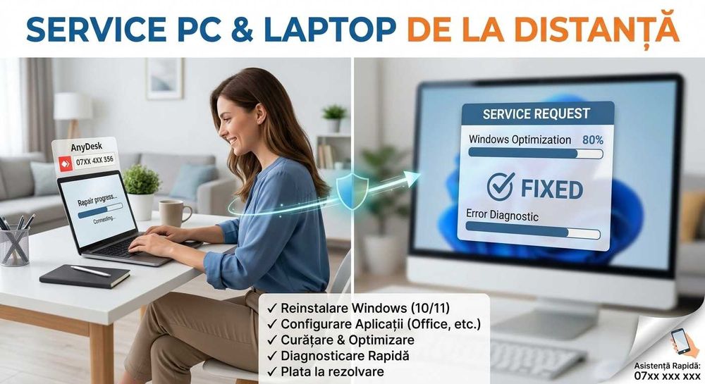 Service PC & Laptop la Distanță / Remote: Windows, Office, Diagnosticare și Devirusare