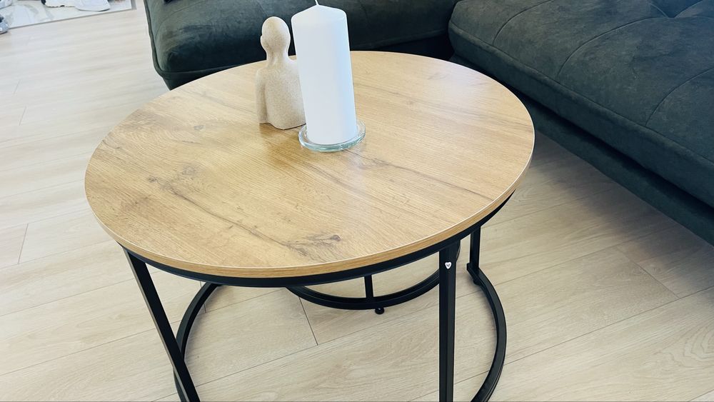 Set 2 măsuțe cafea stejar cu picioare negre – 70 cm + 50 cm