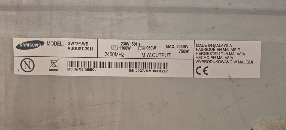 Cuptor cu microunde Samsung GW73E-WB, 750 W, 20 l, Grill, Digital, Alb