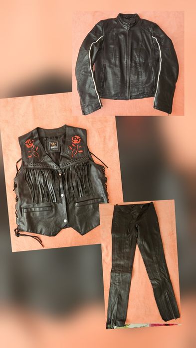 Дамско мото яке, панталон и елек естествена кожа