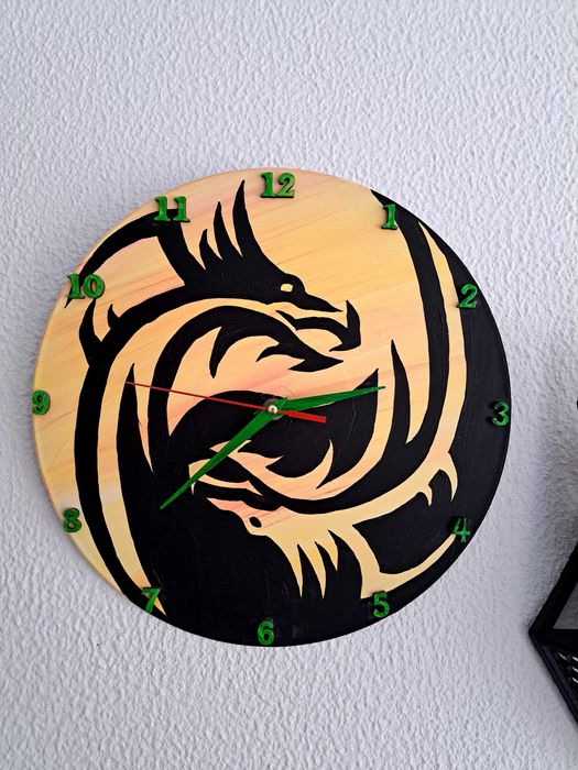 Doi dragoni, Ceas de perete unicat pictat manual 30cm, mers silentios