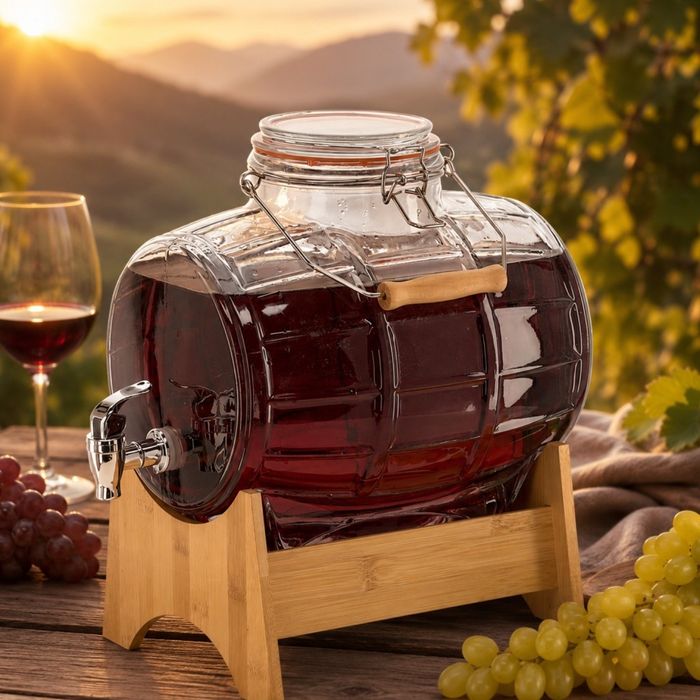 Стъклен диспенсър за напитки 8L, с кран и бамбукова поставка