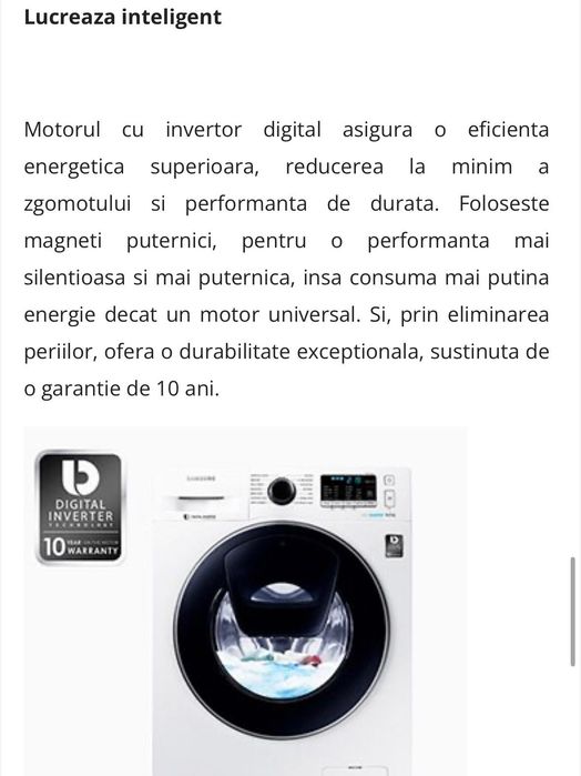 Masina de spalat rufe Samsung Eco Bubble AddWash WW70K5410UW/LE, 1400 RPM, 7 kg, Inverter, Clasa A+++, Alb