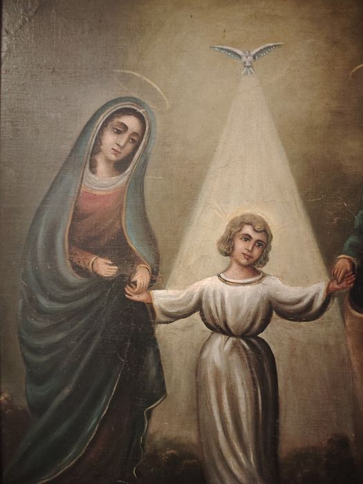 Pictură religioasă cu Fecioara Maria, Pruncul Iisus și Sfântul Iosif,r