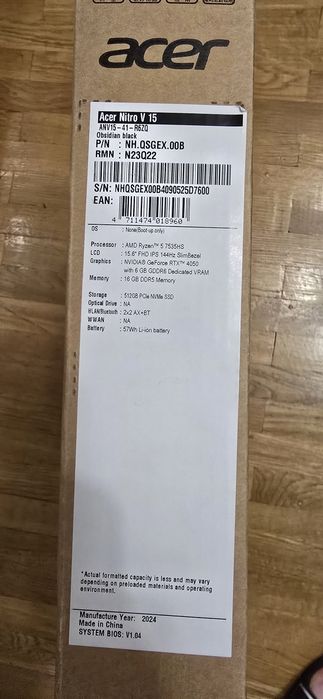 LAPTOP ACER 15 FHD R5-7535HS 16GB 512GB RTX4050