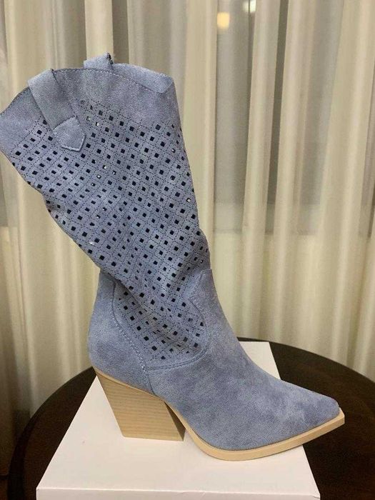 Cizme de inspiratie western, de piele intoarsa, marimea 37