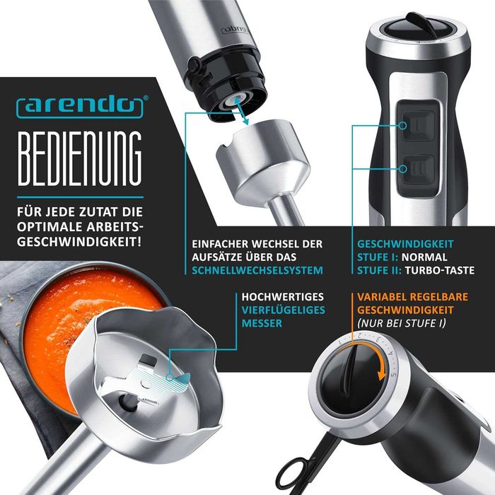 Ръчен блендер Arendo от неръждаема стомана, 1000W, лек ДЕФЕКТ