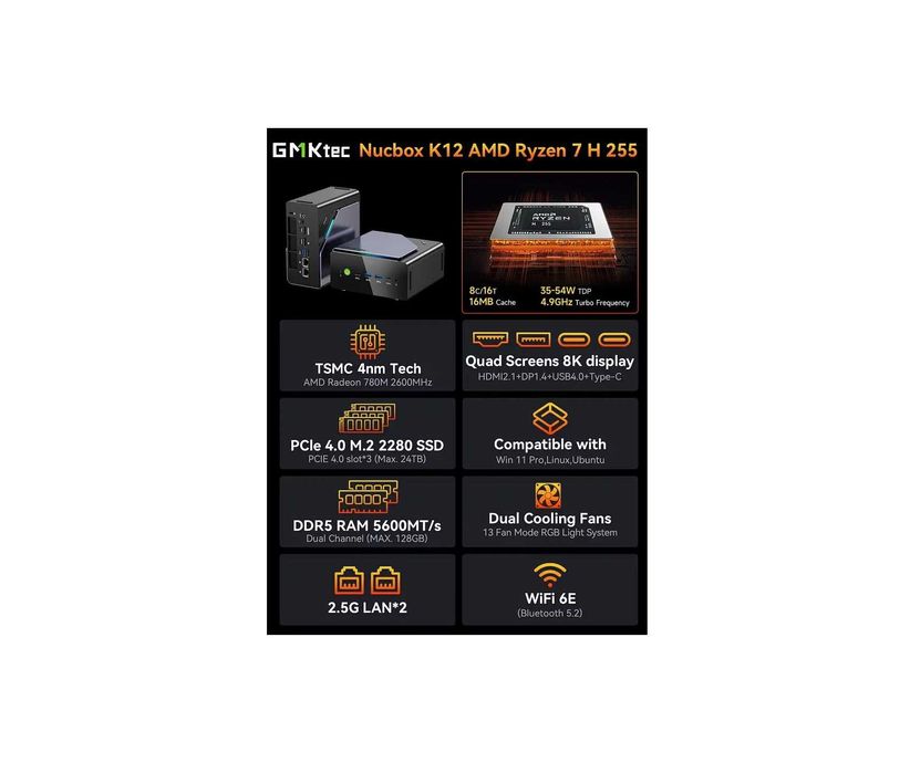 Mini PC GMKtec NucBox K12 AMD Ryzen 7 H 255 32GB DDR5 1TB NVMe Sigiliu Intact FullBox