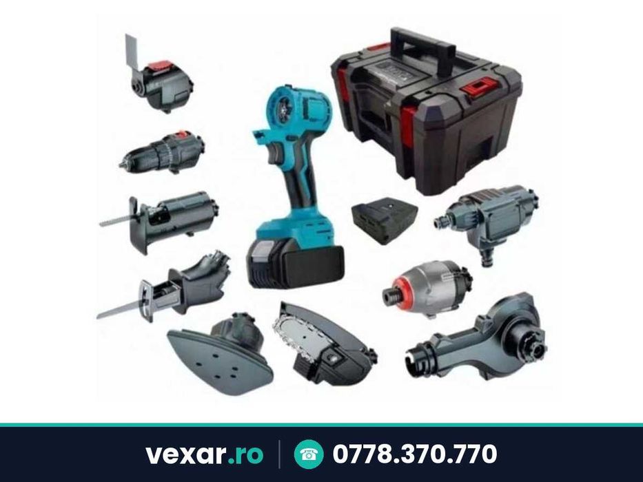Set 10 unelte electrice pe acumulator 21V: bormasina, flex, drujba