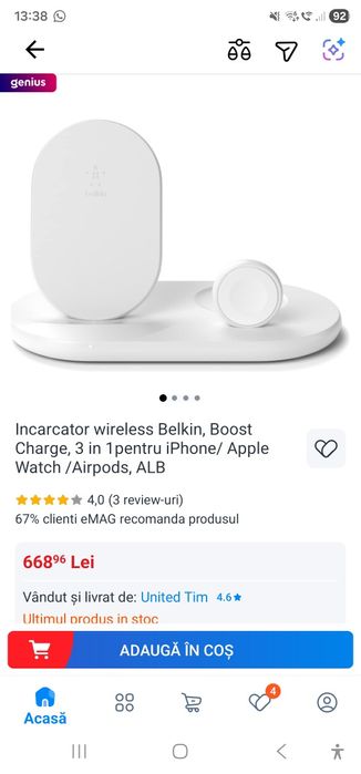 Incarcator wireless Belkin, Boost Charge, 3 in 1pentru iPhone/ Apple