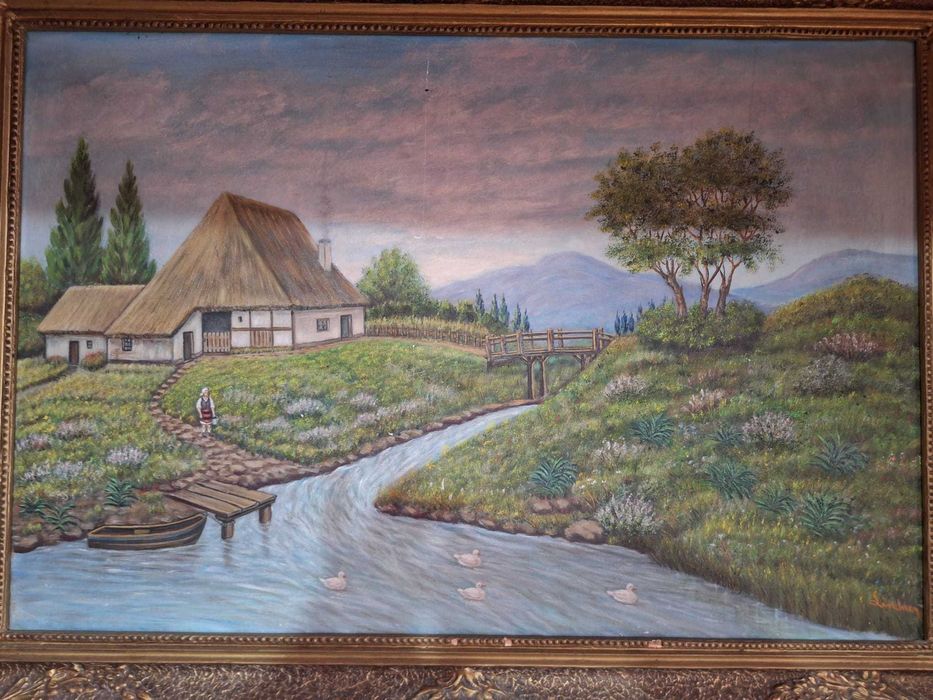 Tablou Mare Peisaj Rustic "Casa de lângă Râu" - Semnat Lindner