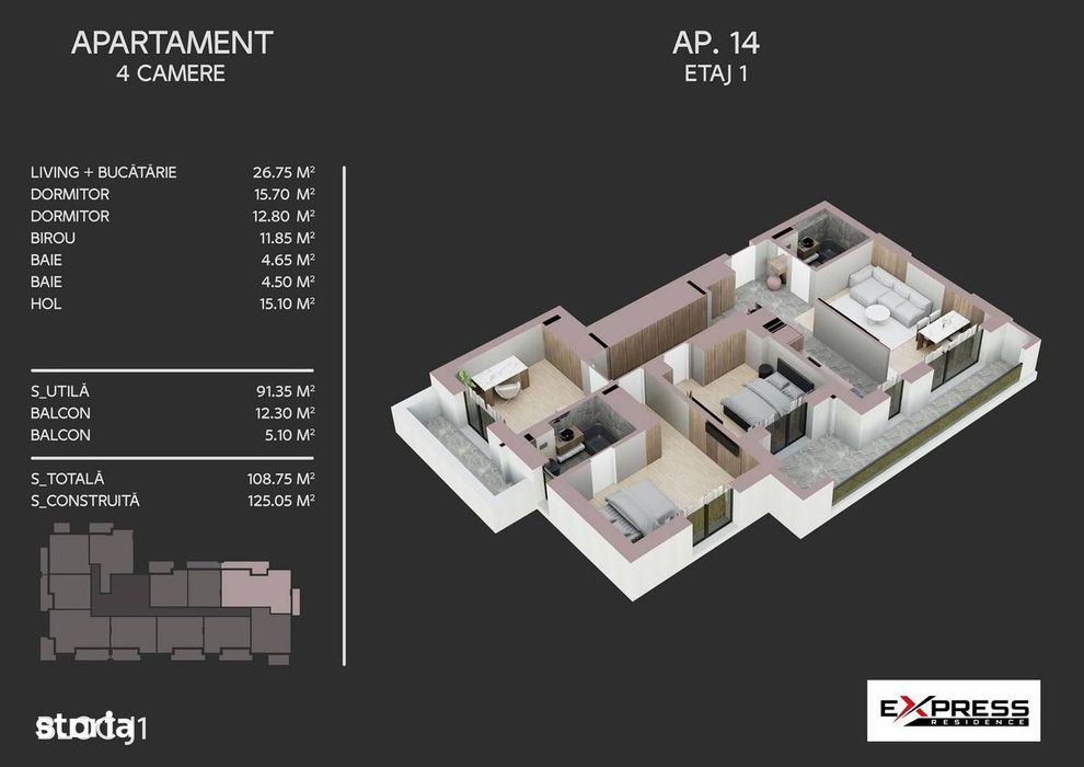 Apartament cu 4 camere de vanzare, 108,75 mp, zona Bd.Metalurgiei