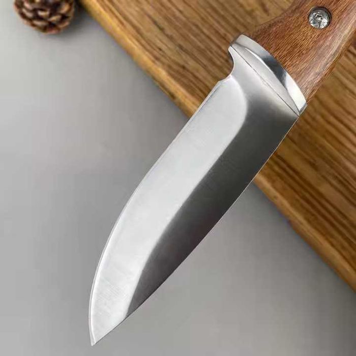 Cutit Outdoor, otel inoxidabil, maner lemn de tranadafir, teaca piele