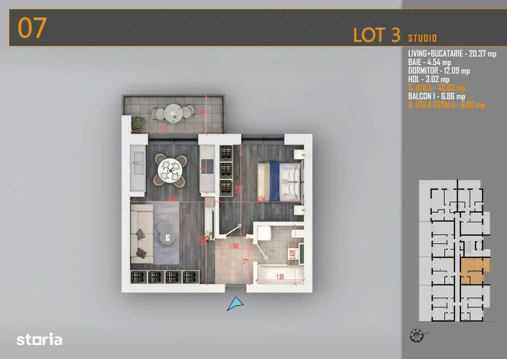 Studio Premium 2 Camere, Titan Pallady | 47.68 mp Total | Metrou Teclu