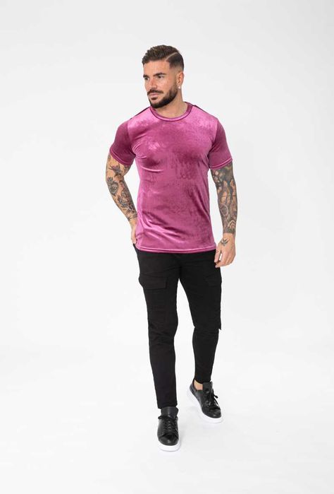 Tricou barbati, catifea, elastic, Visiniu