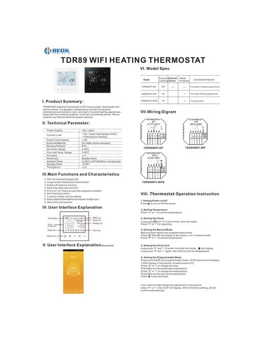 Термостат BeOK, WiFi, 3A, бял налични 5бр