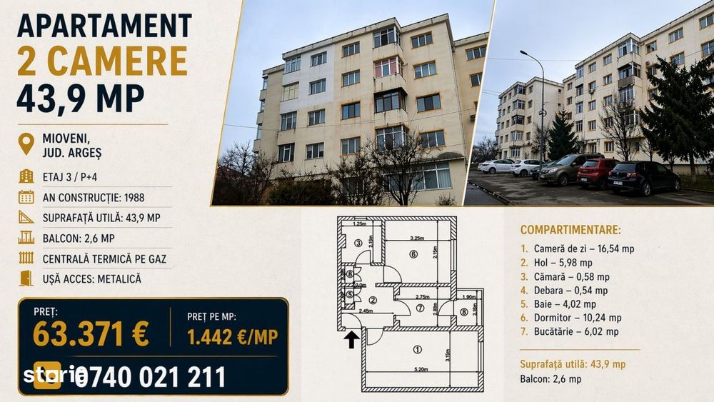 Apartament 2 camere - 44 mp - Et.3|4, Mioveni