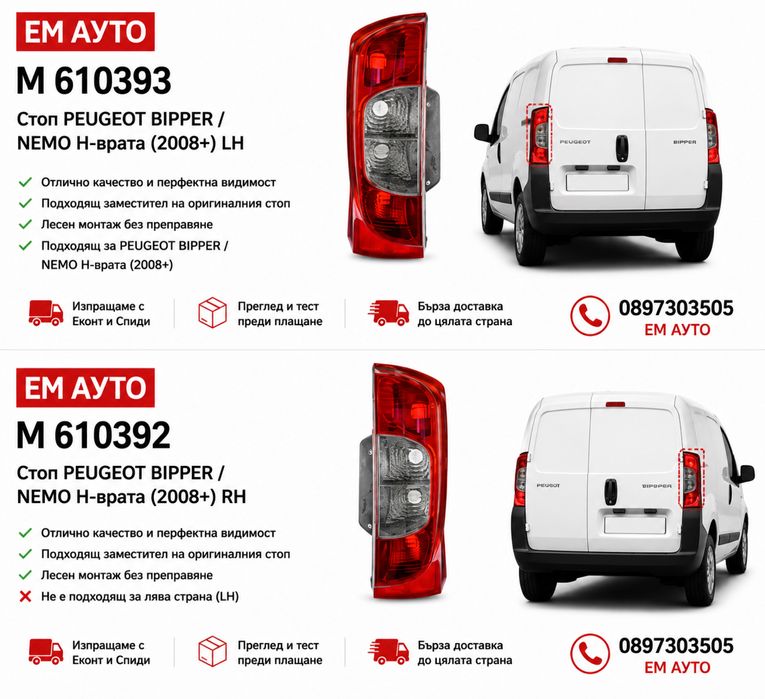 Стопове за PEUGEOT BIPPER / Пежо Бипер и NEMO / Немо H-врата 2008+.