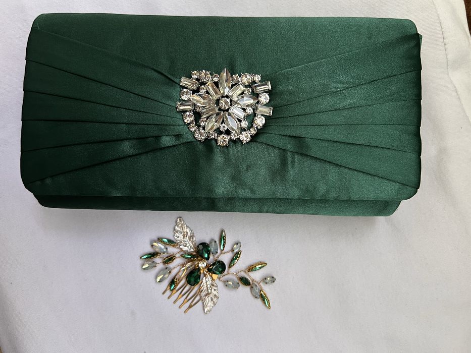Официална зелена чанта+брошка за коса