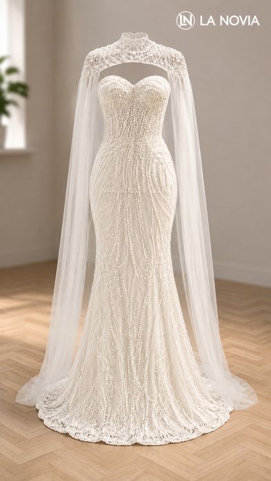 Rochie mireasa La Novia, XS, cu capa inclusa perle cusiute manualp