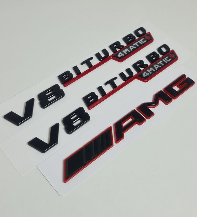 Pachet-Set-Embleme-Sigle-Logo-Stema-Bicolore-Mercedes-AMG+V8-Biturbo-Turbo-4Matic+-Aripi-GLE-C-E-CLS-Poze-Reale
