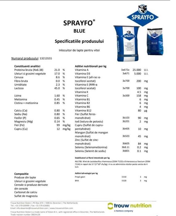 Lapte praf pentru vitei Sprayfo Blue, sac 20 kg