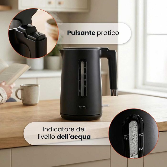 Електрическа кана 1.5L, 2200W, двойна стена Cool-Touch 304 неръждаема стомана без BPA с индикатор за нивото на водата, 360° основа, защита от сухота