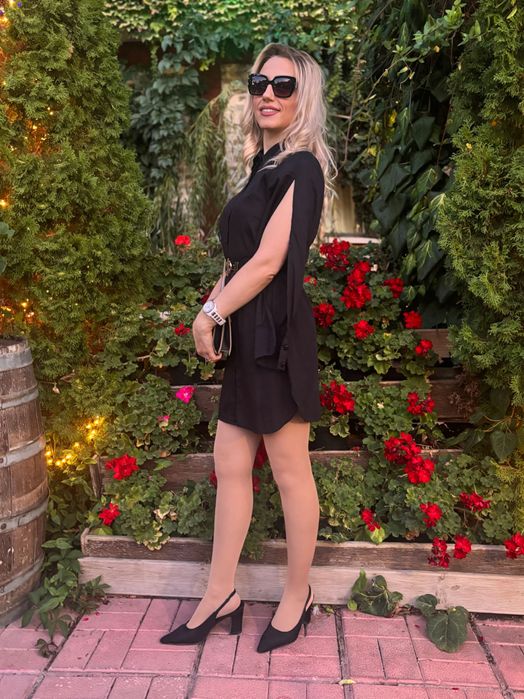 Дамска черна риза рокля  от памучен сатен с отворени ръкави XS-XL