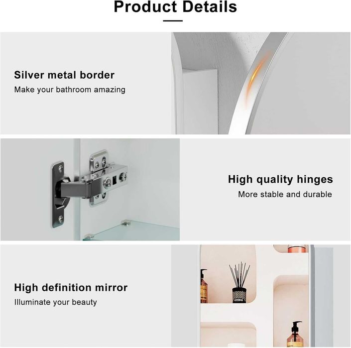 Сводест шкаф с огледало, за лекарства за баня, полиран никел, на стена