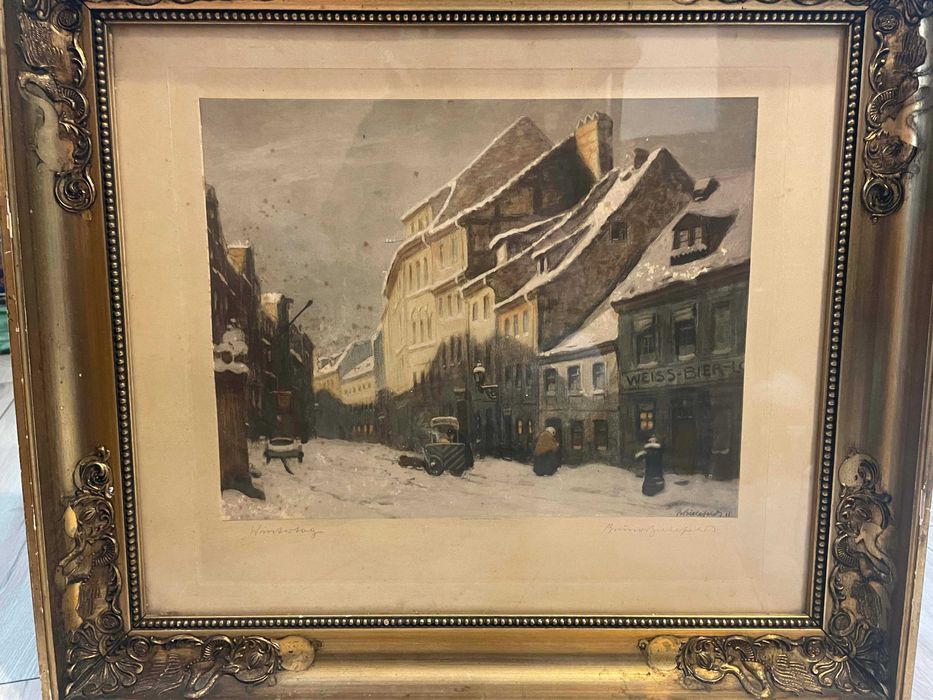 Tablou Bruno Bielefeldt, Scena urbana de iarna, tehnica mixta, semnat