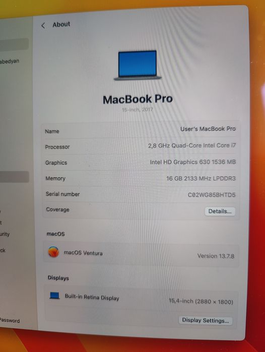 MacBook Pro 15" 2017 Intel Core i7 16/256