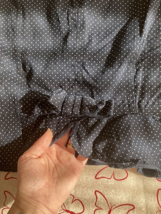 Fusta office conica albastru cu buline albe