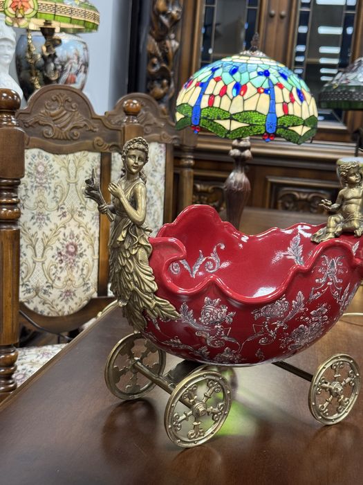 Fructiera deosebita din portelan craquelle si elemente bronz