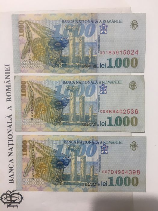 Bancnota 5000 Lei Lucian Blaga serie A ca noua si 3 de 1000 Lei