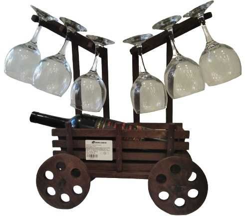 Подарък с вино и 6 чаши в дървена каруца - подарък за мъж