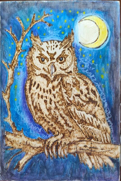 "Совата на Белинташ "- картина направена с пирография