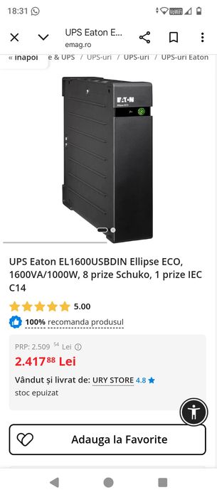 Vând ups eaton 1600USBDiN ELlIPSE Eco 1600WA/1000W