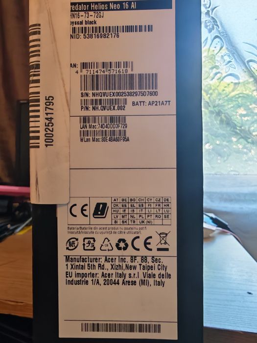 Vând/schimb Laptop gaming ACER PREDATOR HELIOS NEO 16 AI, RTX 5060, 32GB RAM, 2 TB 
INTEL ULTRA 7 255HX(2,40GHz)
RTX 5060 + INTEL ARC GRAPHICS - Arr