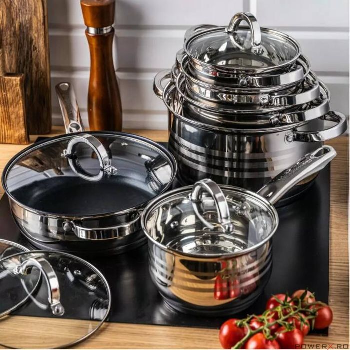 Set 12 piese inox, cu capac din sticla, 5 oale si o tigaie, Klausberg