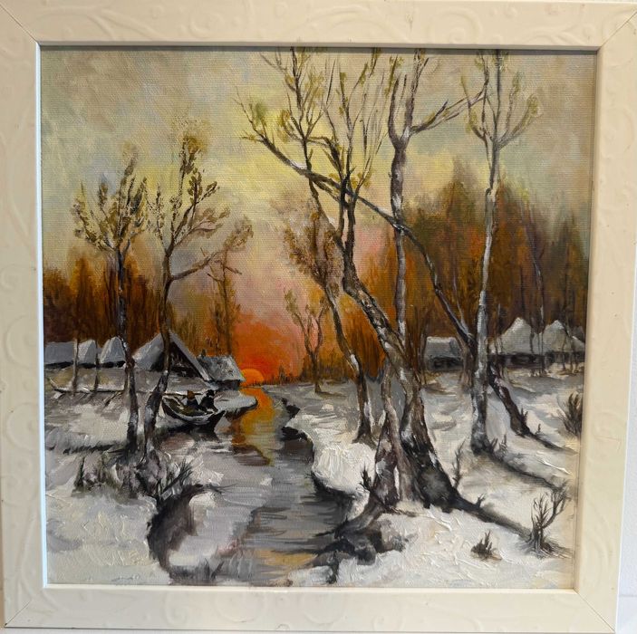 Pictura Noua, Tablou Superb -Iarna Pe Lac-ulei , Inramat, Pictor Roman